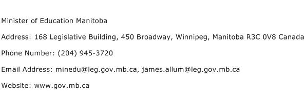 Minister of Education Manitoba Address Contact Number