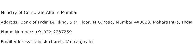 Ministry of Corporate Affairs Mumbai Address Contact Number