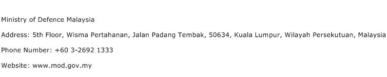 Ministry of Defence Malaysia Address Contact Number