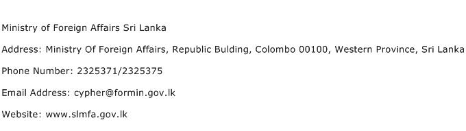 Ministry of Foreign Affairs Sri Lanka Address Contact Number