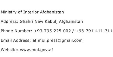 Ministry of Interior Afghanistan Address Contact Number