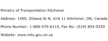 Ministry of Transportation Kitchener Address Contact Number