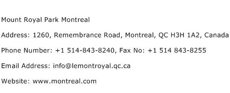 Mount Royal Park Montreal Address Contact Number