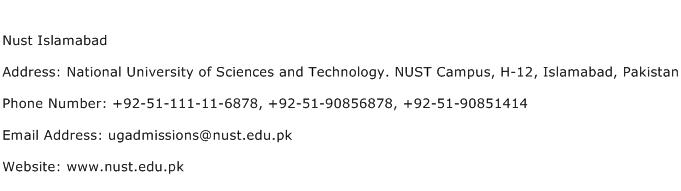 NUST Islamabad Address Contact Number