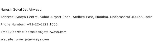 Naresh Goyal Jet Airways Address Contact Number