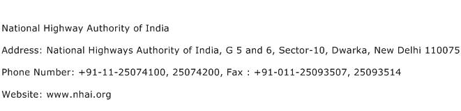 National Highway Authority of India Address Contact Number