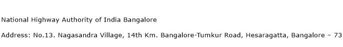 National Highway Authority of India Bangalore Address Contact Number