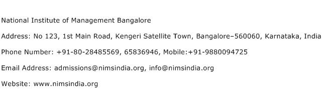 National Institute of Management Bangalore Address Contact Number
