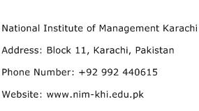 National Institute of Management Karachi Address Contact Number