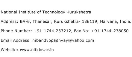 National Institute of Technology Kurukshetra Address Contact Number