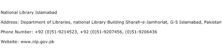 National Library Islamabad Address Contact Number