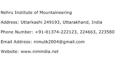 Nehru Institute of Mountaineering Address Contact Number