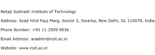 Netaji Subhash Institute of Technology Address Contact Number
