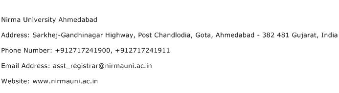 Nirma University Ahmedabad Address Contact Number