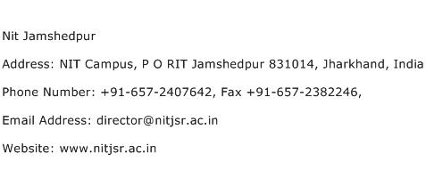 Nit Jamshedpur Address Contact Number