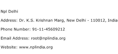 Npl Delhi Address Contact Number