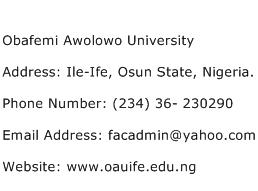 Obafemi Awolowo University Address Contact Number
