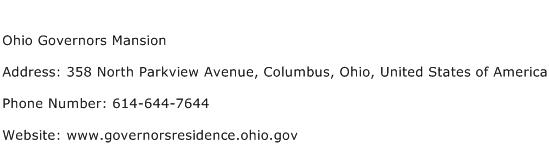 Ohio Governors Mansion Address Contact Number