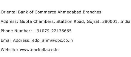 Oriental Bank of Commerce Ahmedabad Branches Address Contact Number