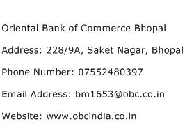 Oriental Bank of Commerce Bhopal Address Contact Number