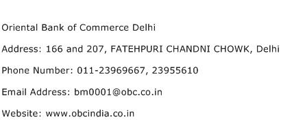 Oriental Bank of Commerce Delhi Address Contact Number