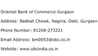 Oriental Bank of Commerce Gurgaon Address Contact Number