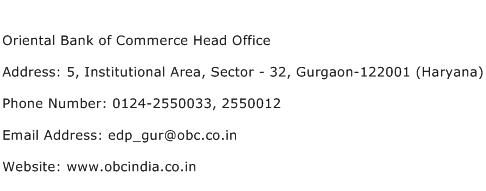 Oriental Bank of Commerce Head Office Address Contact Number