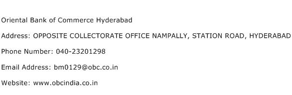 Oriental Bank of Commerce Hyderabad Address Contact Number
