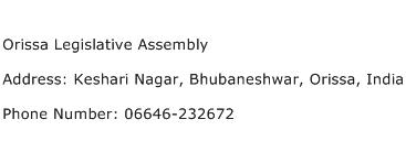 Orissa Legislative Assembly Address Contact Number