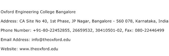 Oxford Engineering College Bangalore Address Contact Number