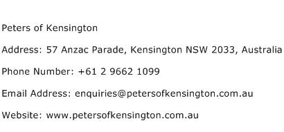 Peters of Kensington Address Contact Number