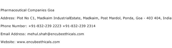 Pharmaceutical Companies Goa Address Contact Number
