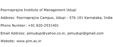 Poornaprajna Institute of Management Udupi Address Contact Number