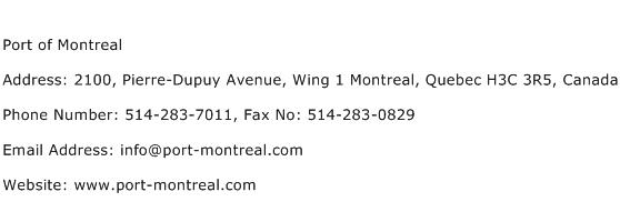 Port of Montreal Address Contact Number
