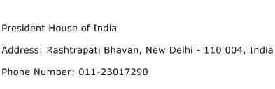 President House of India Address Contact Number