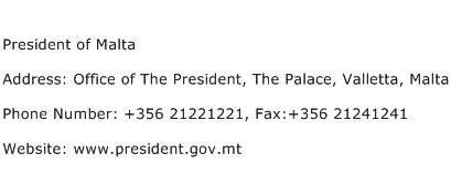 President of Malta Address Contact Number