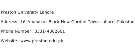 Preston University Lahore Address Contact Number