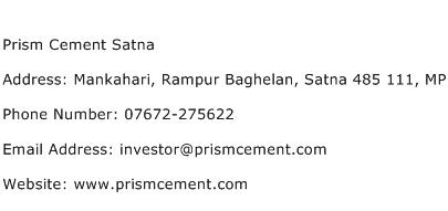 Prism Cement Satna Address Contact Number