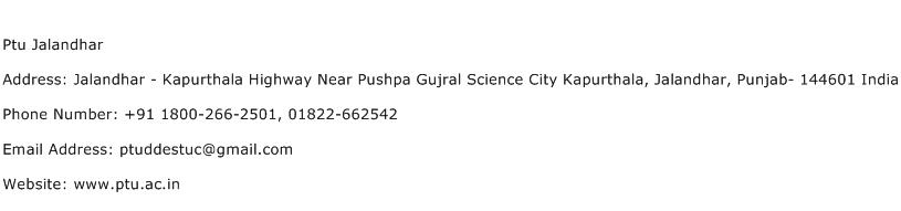 Ptu Jalandhar Address Contact Number