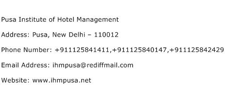 Pusa Institute of Hotel Management Address Contact Number