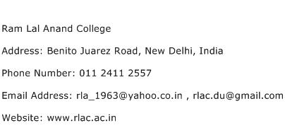 Ram Lal Anand College Address Contact Number