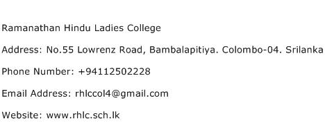 Ramanathan Hindu Ladies College Address Contact Number