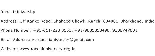Ranchi University Address Contact Number