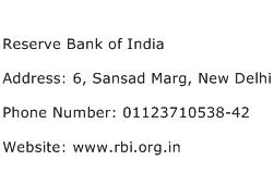 Reserve Bank of India Address Contact Number