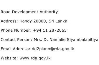 Road Development Authority Address Contact Number
