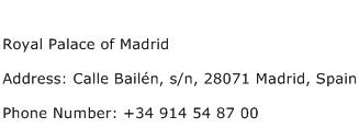 Royal Palace of Madrid Address Contact Number