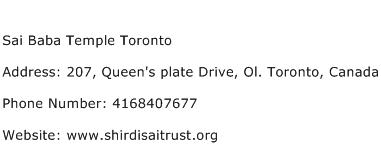 Sai Baba Temple Toronto Address Contact Number