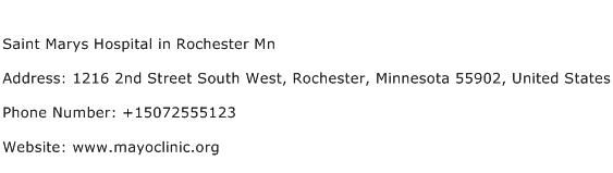 Saint Marys Hospital in Rochester Mn Address Contact Number