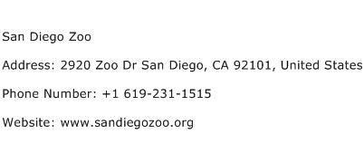 San Diego Zoo Address Contact Number