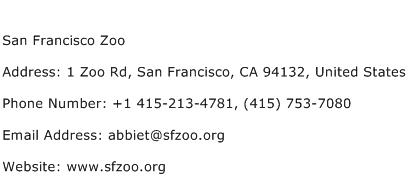San Francisco Zoo Address Contact Number